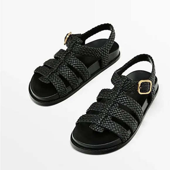 Massimo Dutti Shoes - Woven Strap Black Women’s Sandals with Gold Buckle